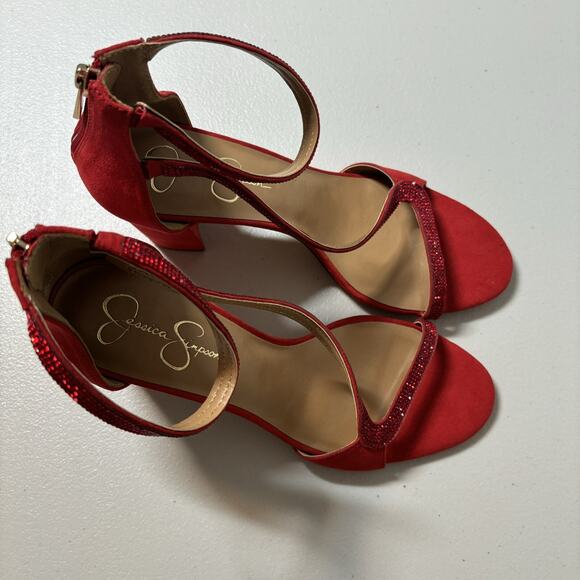 Jessica Simpson Red Suede Block Heel Sequin Strap Sandals Zipper Back Size 10 - Picture 5 of 10
